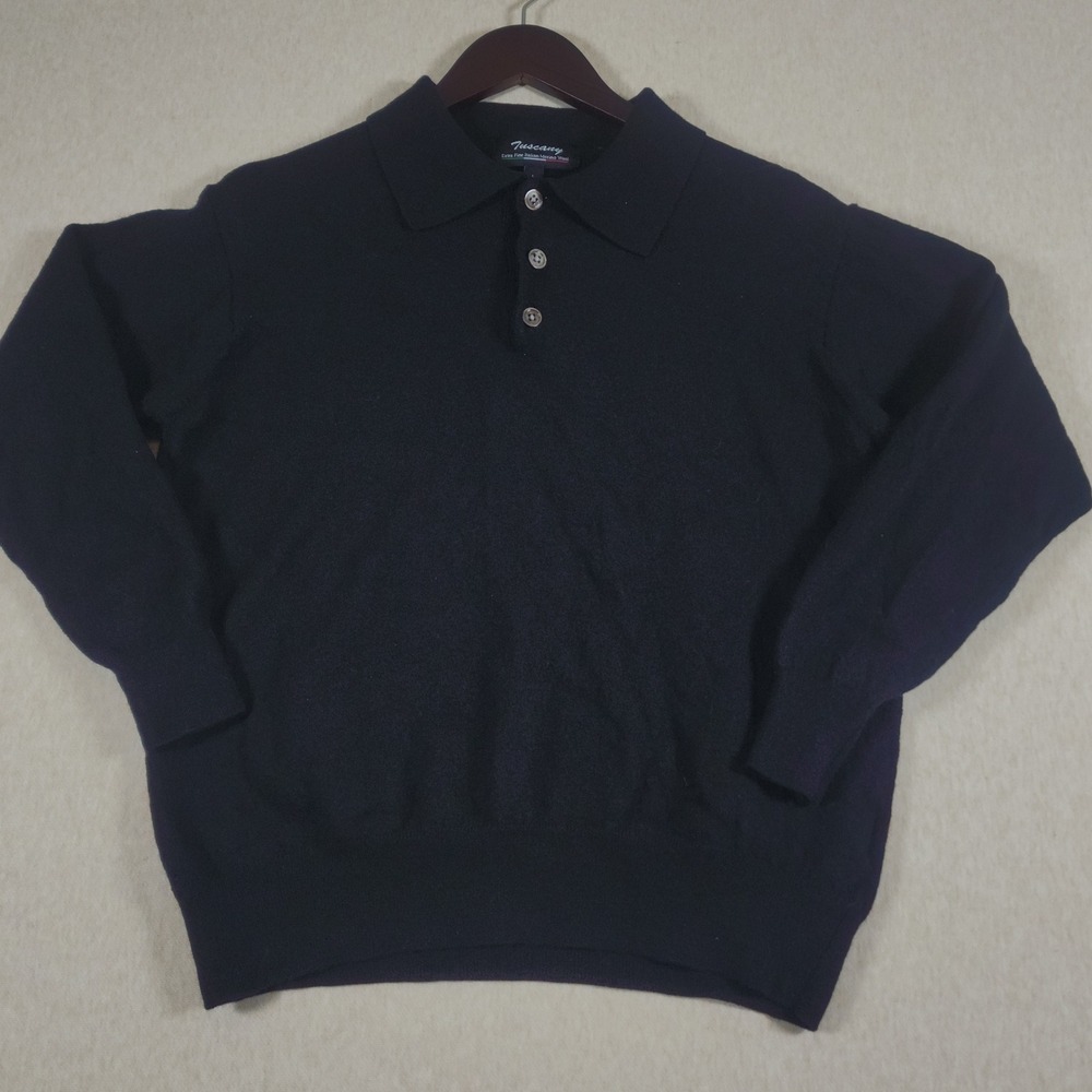100 Italian Merino Wool Sweater Mens Large Black Polo Collar Pullover Tuscany